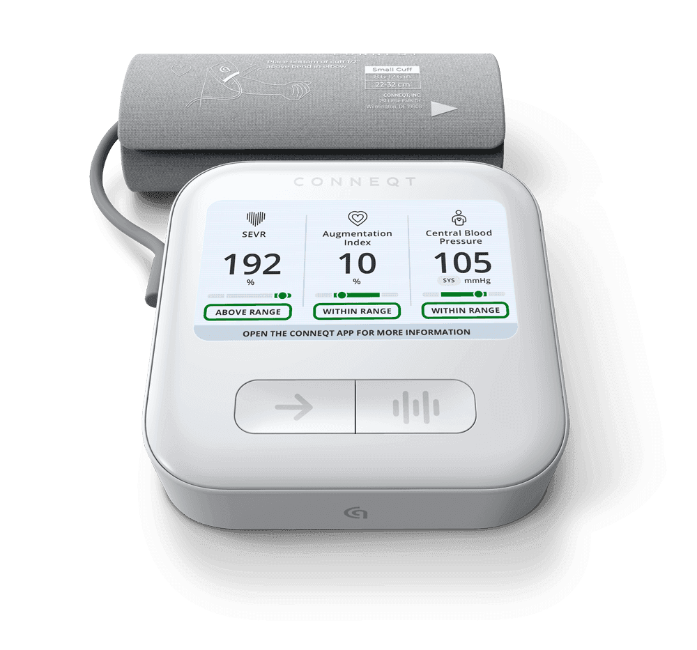 CONNEQT Pulse device showing SEVR, Augmentation Index and Central Blood Pressure readings