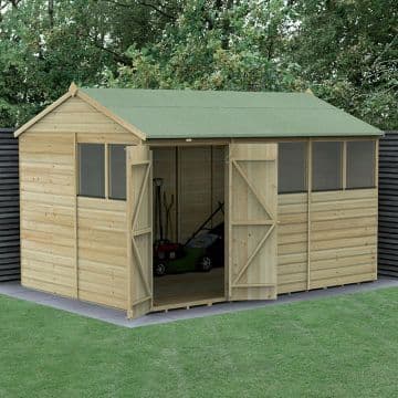 Forest Beckwood 12x8 shiplap pressure-treated double door reverse apex wooden shed, sold via Shedstore