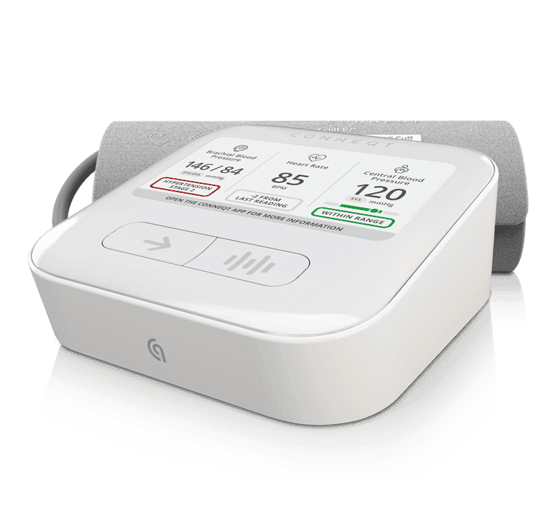 CONNEQT Pulse device (angled view) showing brachial blood pressure, heart rate and central blood pressure readings
