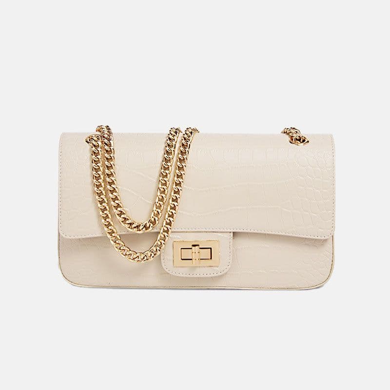 ROMYTISA croc-embossed genuine leather crossbody bag with gold chain strap and turn-lock closure