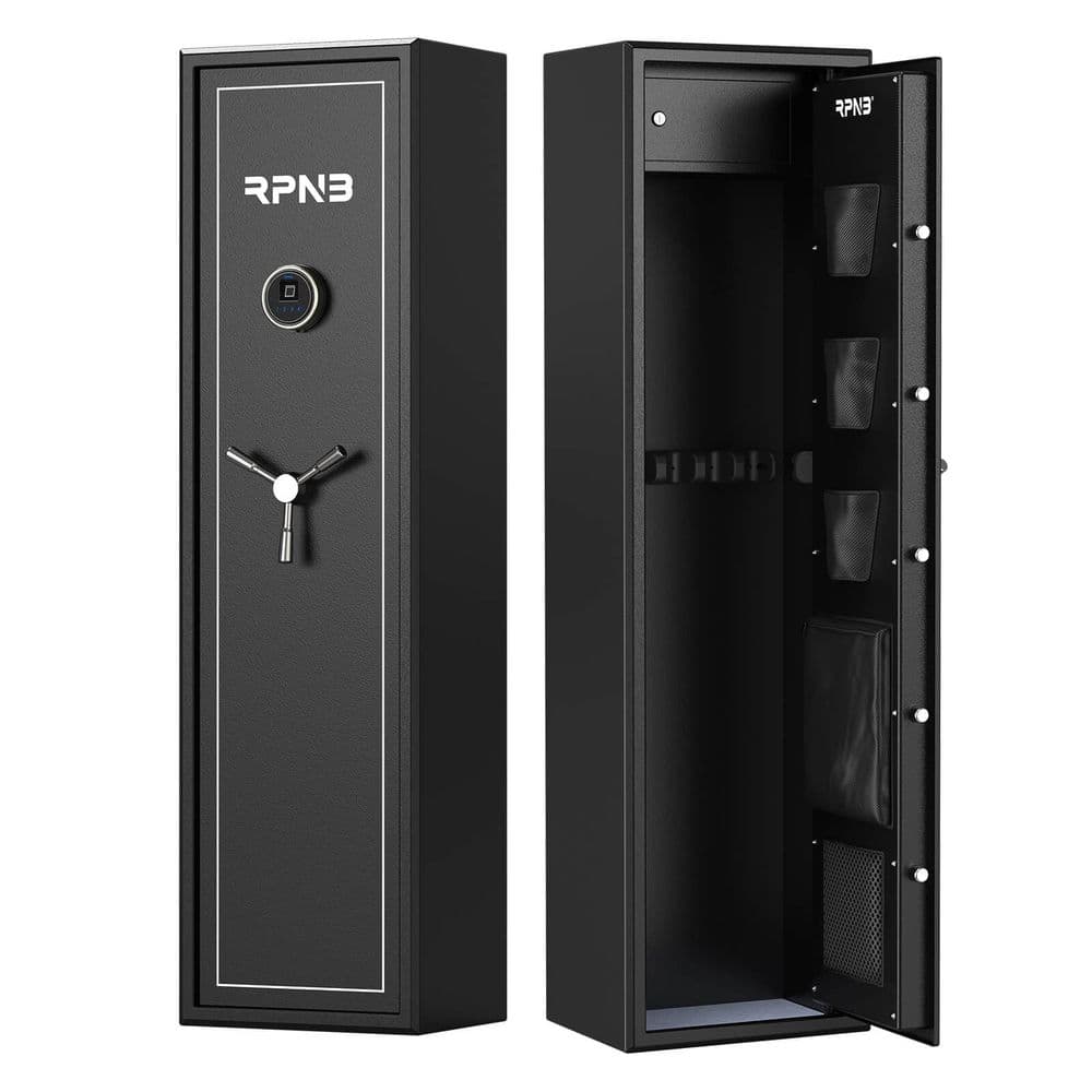 RPNB 7FR gun safe, closed and open views showing the biometric fingerprint lock and keypad