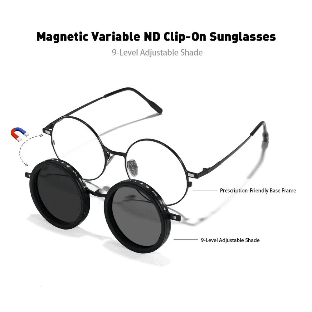Elklook Aeris Round magnetic ND clip-on sunglasses set, showing magnetic attachment to the base frame