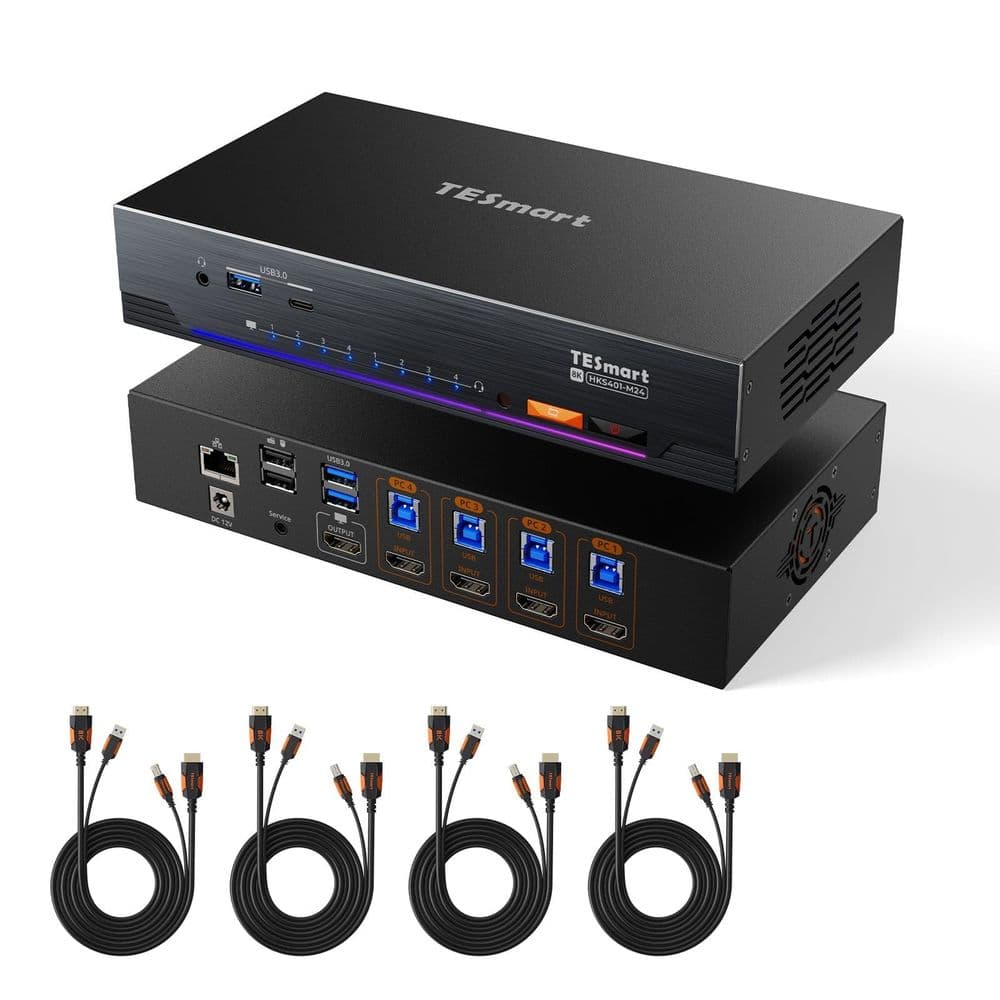 TESmart 4-Port 8K60 HDMI 2.1 KVM Switch, front and rear panel with cables