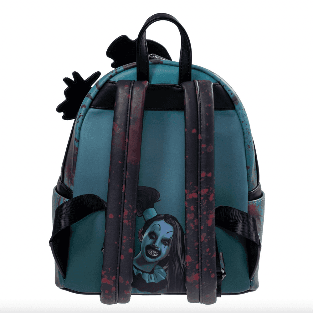 Loungefly Terrifier Art the Clown mini-backpack, back view showing applique detailing
