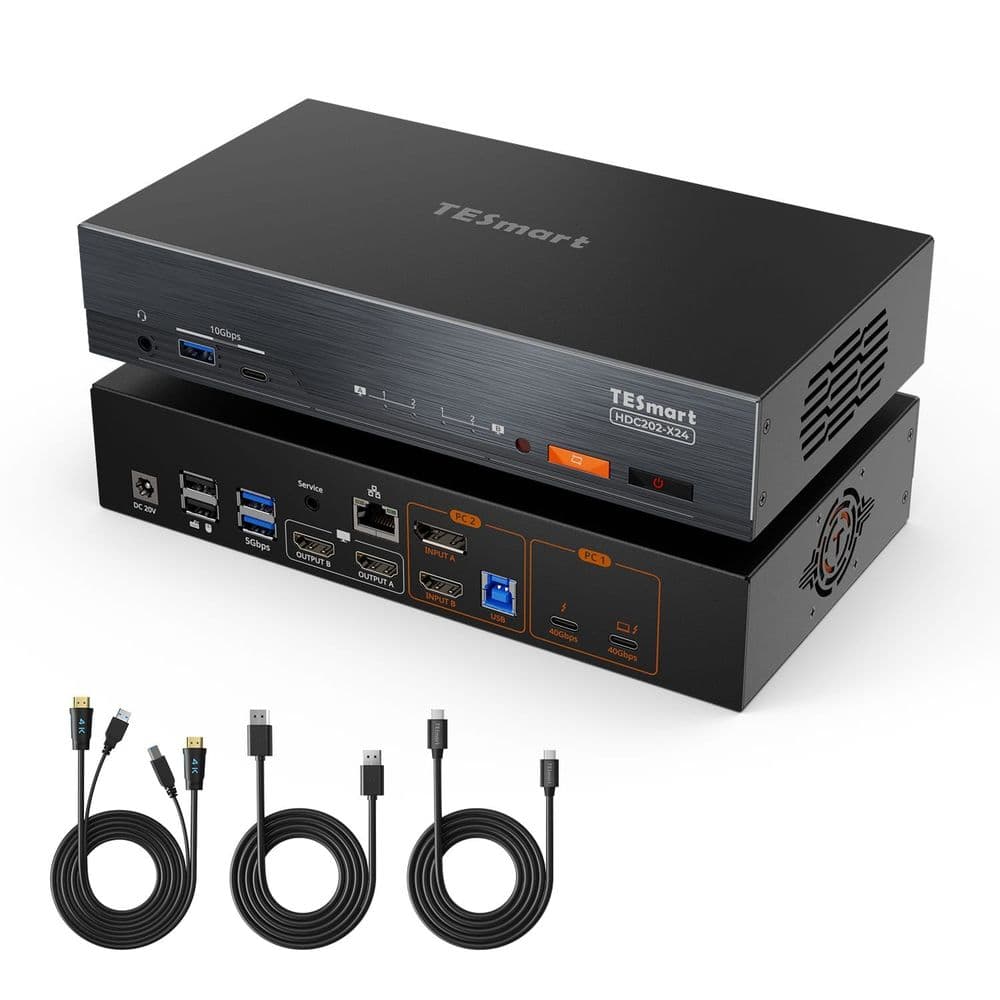 TESmart Thunderbolt 4 KVM Dock for 1 laptop and 1 desktop, front and rear panel with cables
