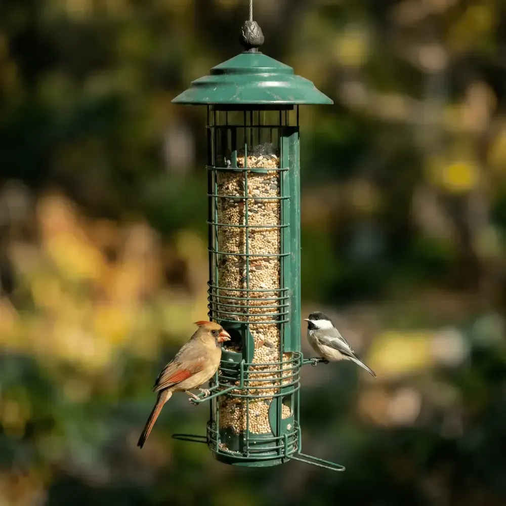 Kingsyard weight-activated tube bird feeder with cardinal and chickadee