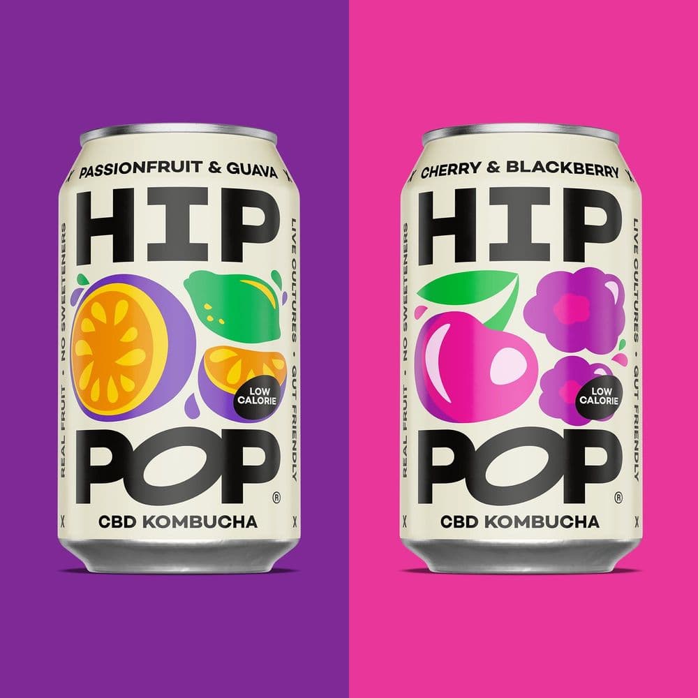 Hip Pop CBD kombucha cans, passionfruit guava and cherry blackberry flavours