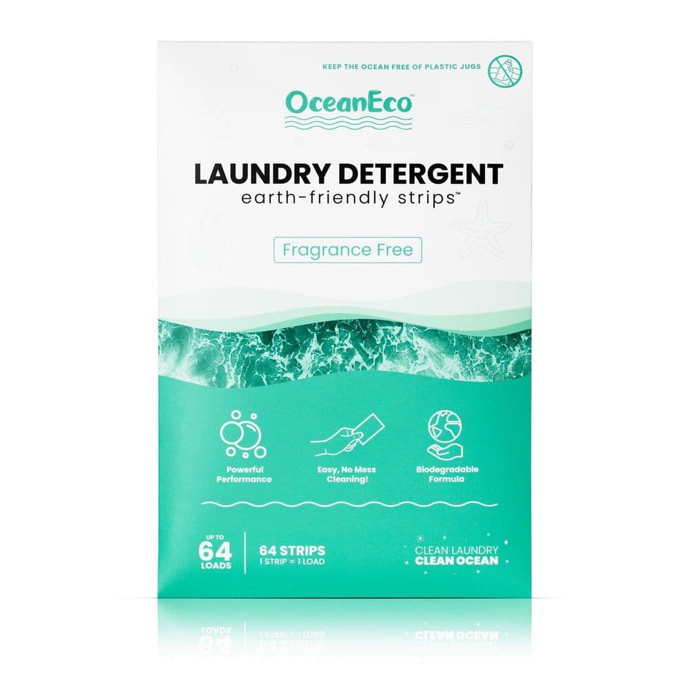 OceanEco earth-friendly laundry detergent strips, fragrance free, 64 loads