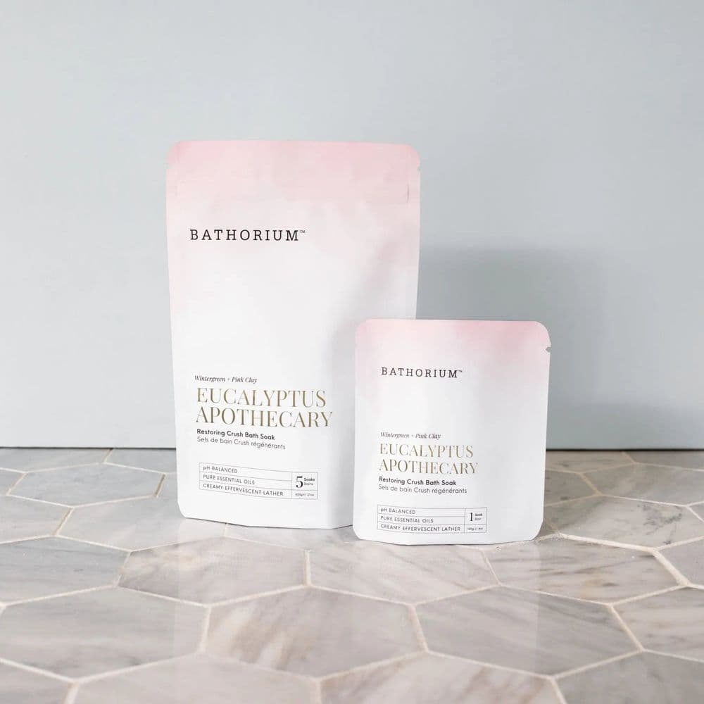 Bathorium Eucalyptus Apothecary Crush Soak packaging, two sizes