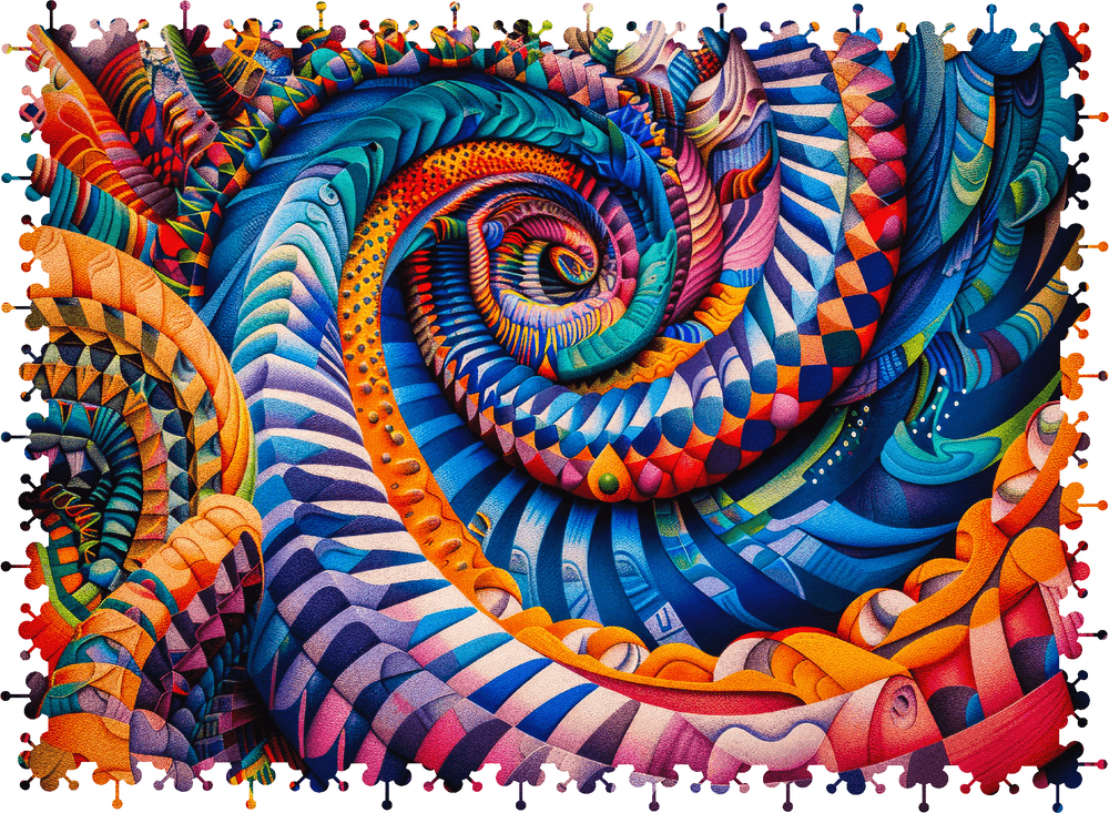 Nautilus Puzzles Fractal Fun 354-piece wooden jigsaw puzzle showing laser-cut whimsy edge pieces