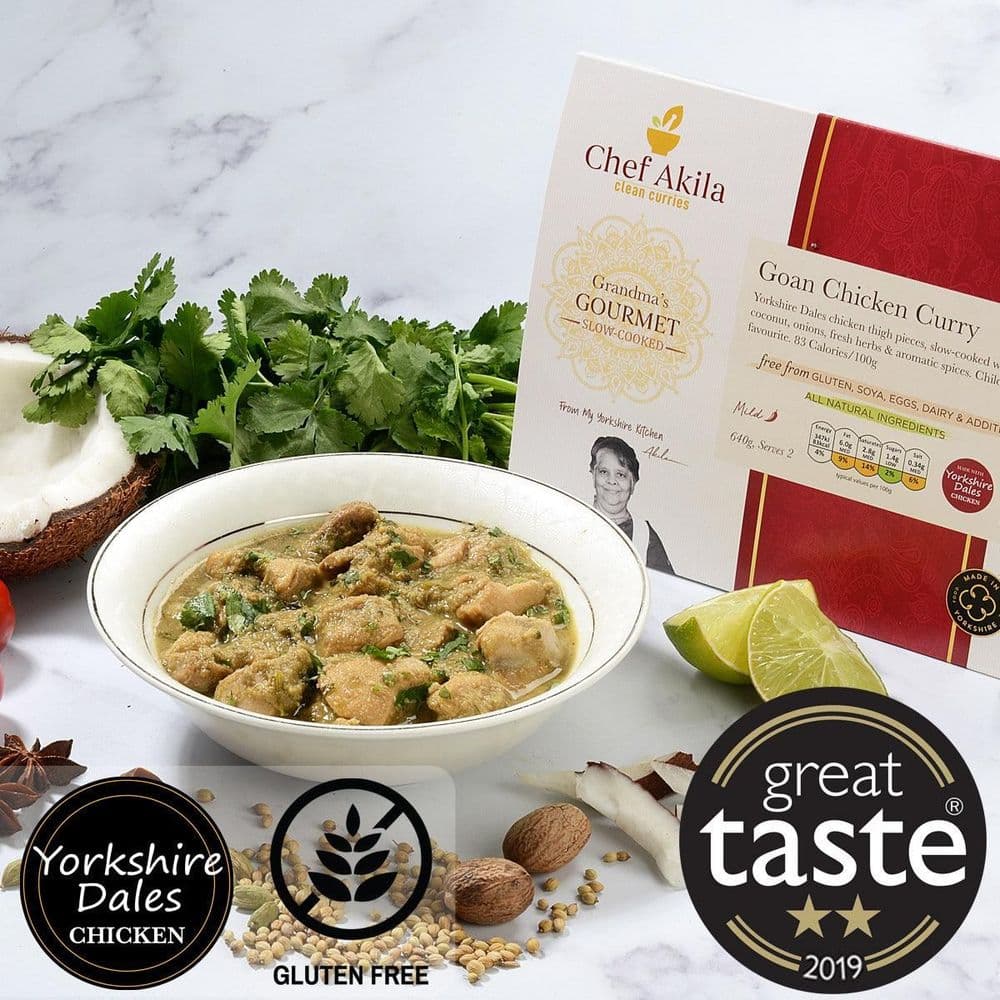 Chef Akila Goan Chicken Curry with packaging box, showing Yorkshire Dales chicken and organic ingredients