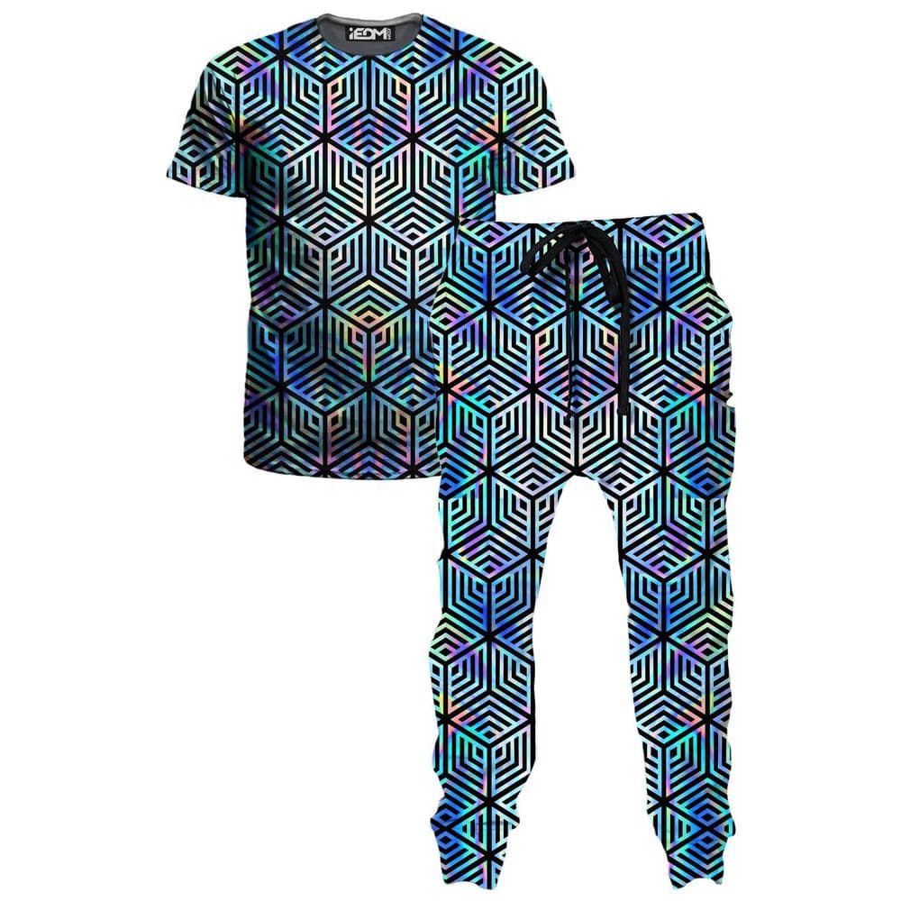 iEDM Holographic Hexagon T-Shirt and Joggers Combo, flat lay