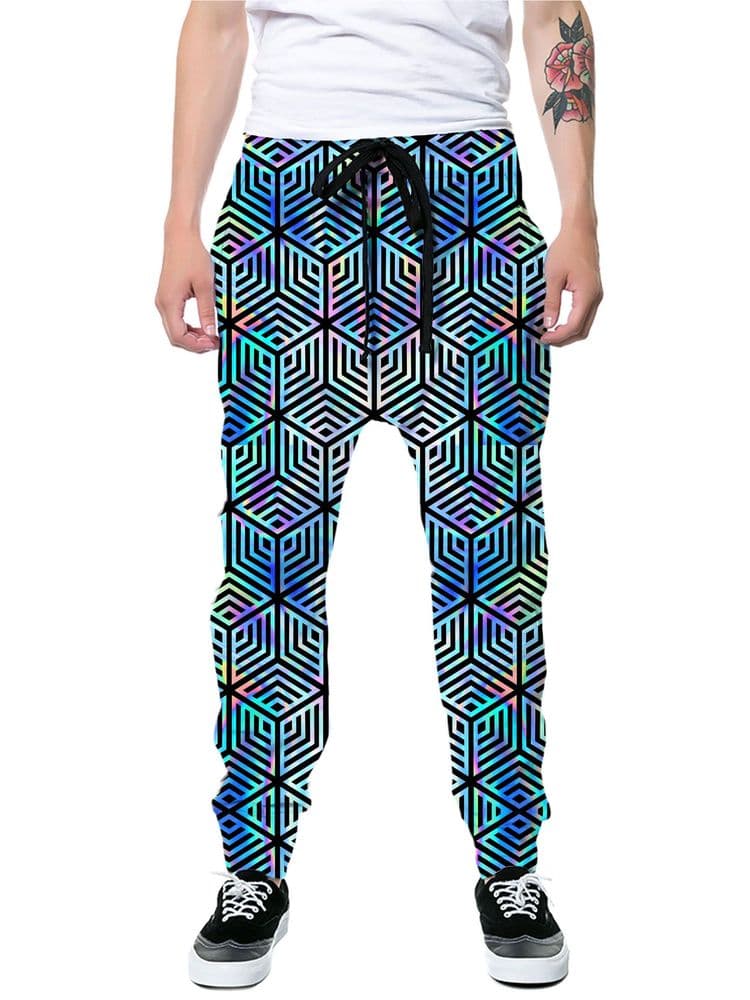 Model wearing iEDM Holographic Hexagon Joggers
