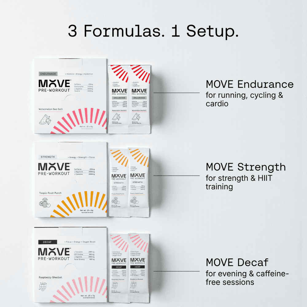 Move Pre-Workout Hybrid Setup: Endurance, Strength and Decaf formula sachets