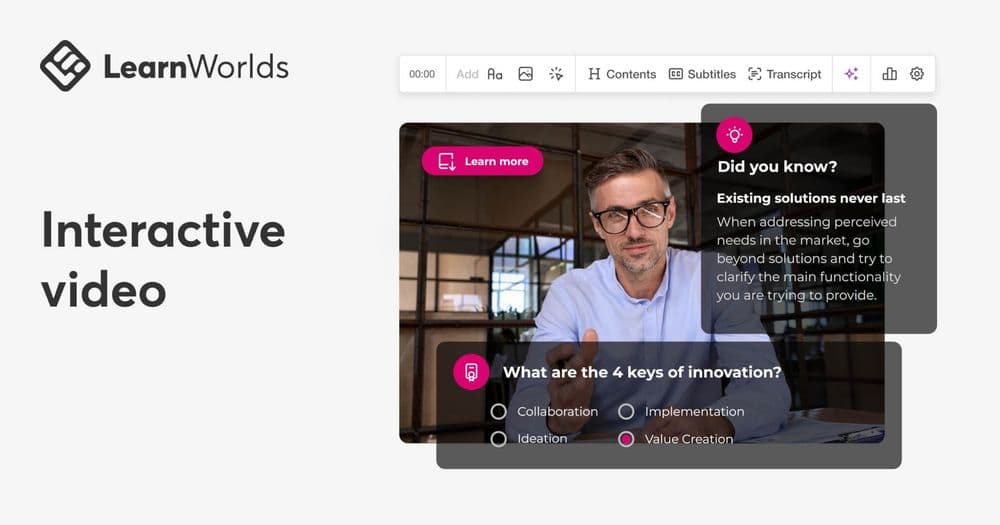 LearnWorlds interactive video feature, showing embedded quiz questions and pop-up info cards directly inside a lesson video