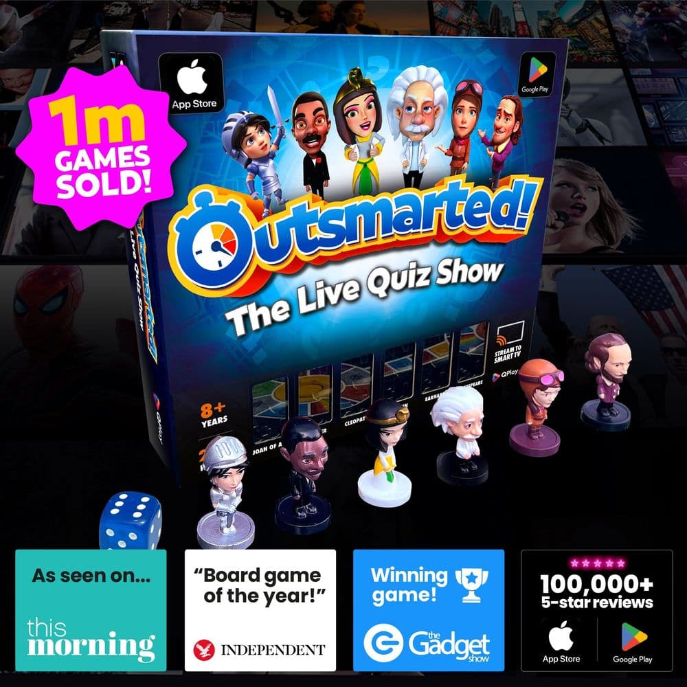 Outsmarted! The Live Quiz Show board game box, with character figurines and app icons