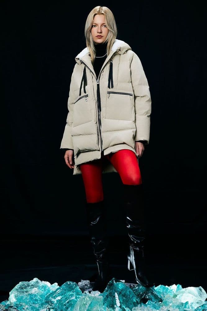 Orolay six-pocket hooded down parka in beige, the famous viral coat