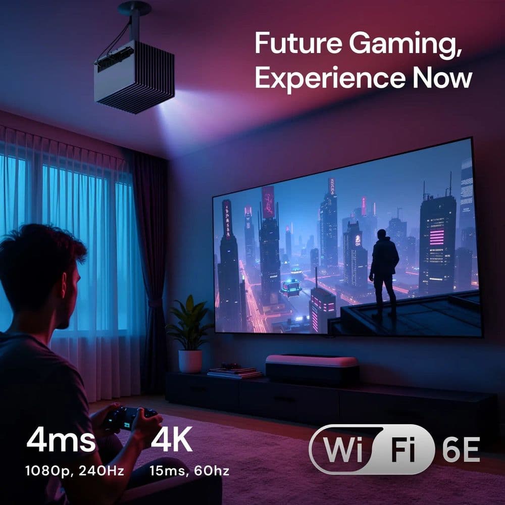 Valerion StreamMaster Plus2 ceiling-mounted, projecting a 4K gaming scene onto a large screen