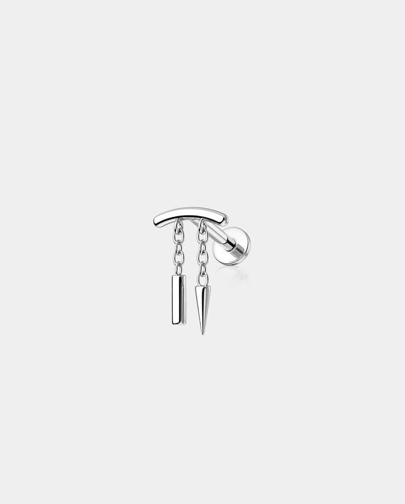 An internally threaded cartilage stud with dangle charms, an example of Oufer's internally threaded body jewelry