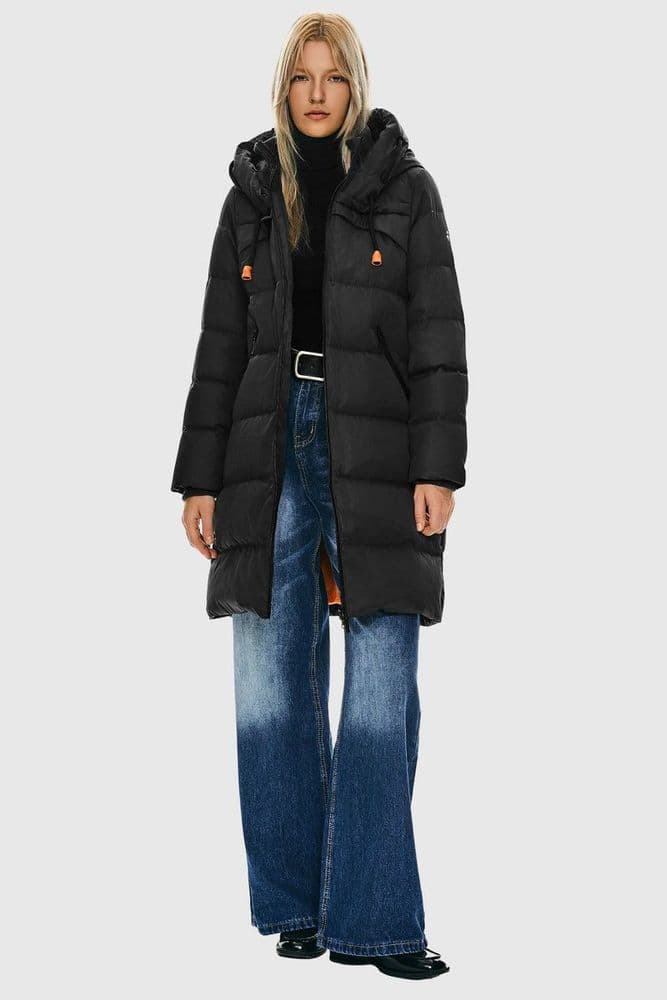 Orolay long thickened hooded down jacket in black, longline style