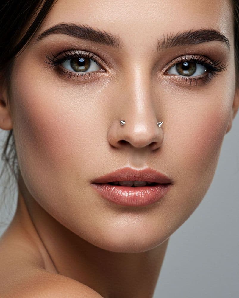A model wearing Oufer threadless flat-back nostril studs, showing the flush, low-profile fit of the design