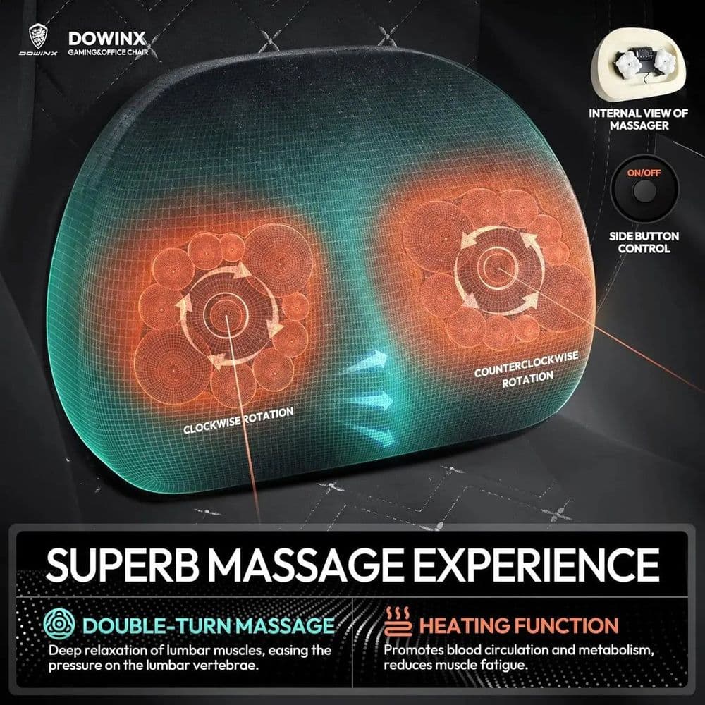 Close-up of the MB38 heated lumbar massage cushion showing double-turn massage and heating function