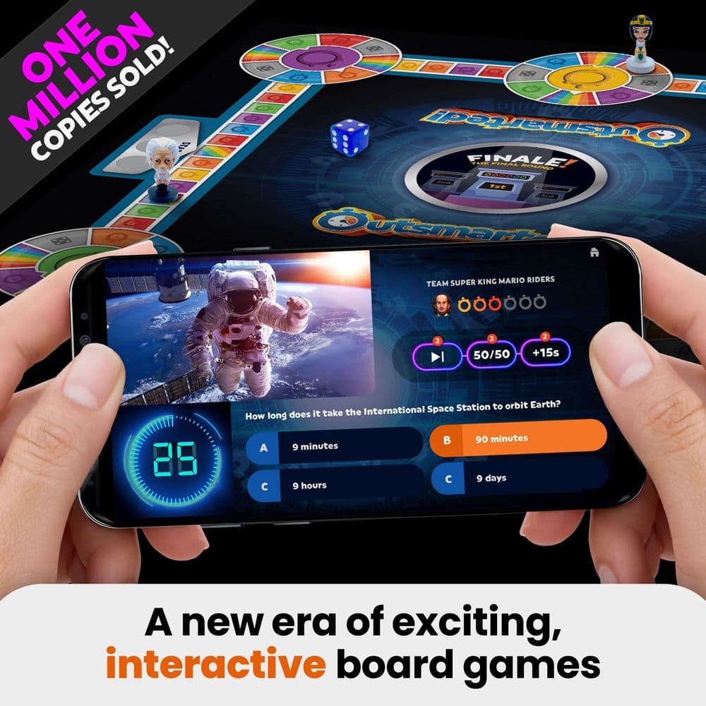 A family playing the Outsmarted board game together with the companion app on their phones