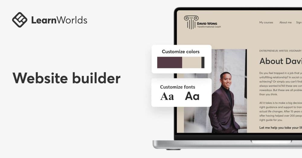 LearnWorlds website builder, showing a customizable branded course site with editable colors and fonts