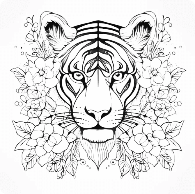AI-generated tiger coloring page with floral border, made by Mimi Panda from a text prompt