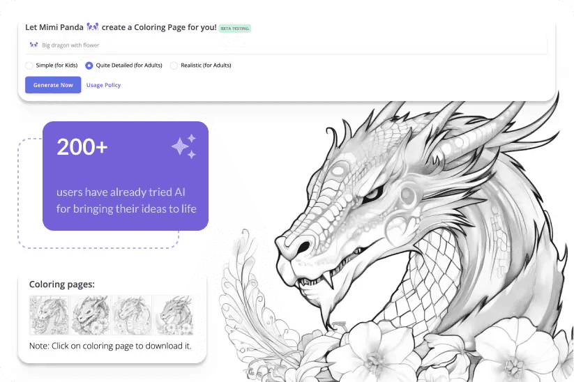 Mimi Panda AI Coloring Page generator tool interface creating a detailed dragon coloring page